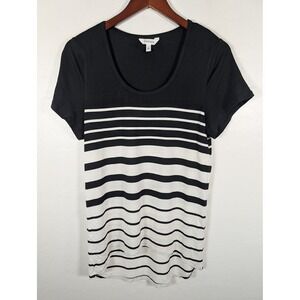 Athleta Shirt Womens Small Black White Striped Scoop Neck Stretch Rayon Tee Top